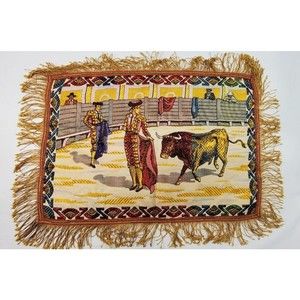 Vintage Tapestry Needlework Table Doily Bull And Matadors Fringed 18x13